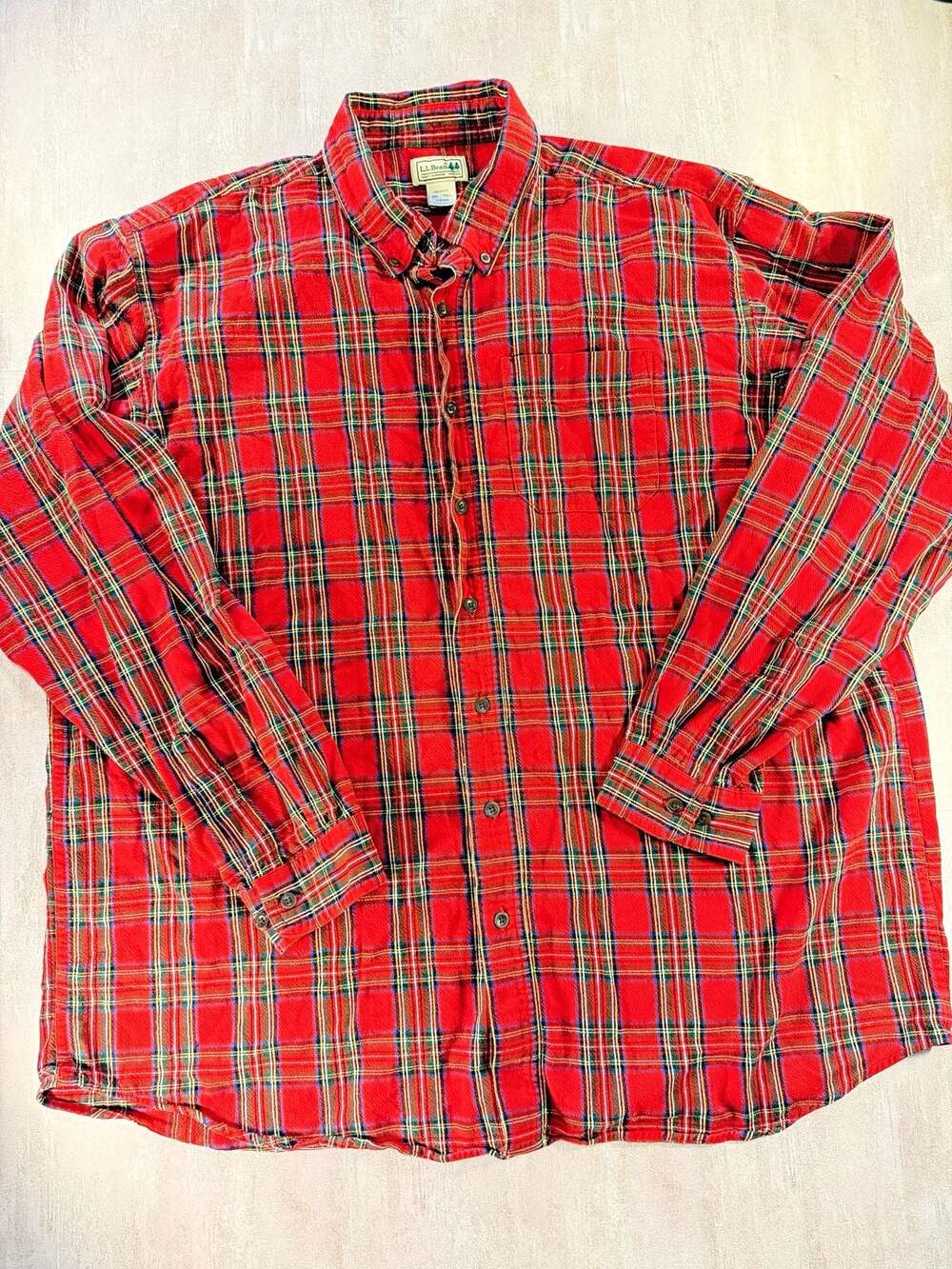 L.L.Bean Men's XXL Tall Red Plaid Flannel‎ Button Down Shirt